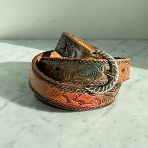 Vintage Tooled Full Grain Leather Belt Western Floral Size 32